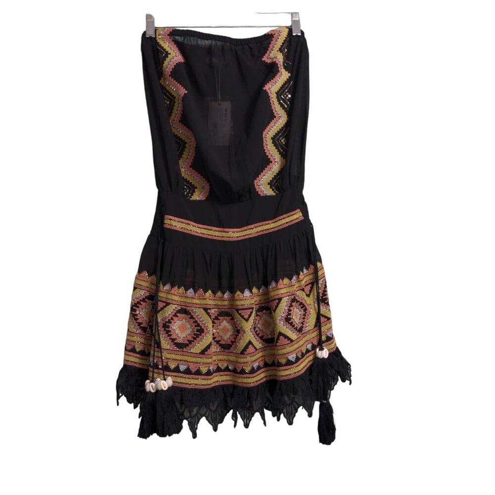 Ramy Brook Embroidery Alissa Strapless Mini Dress Swim Coverup Black Aztec S New
